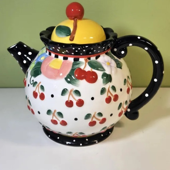 Mary Engelbreit Polka Dot Cherry Teapot with Yellow Lid - Picture 1 of 6